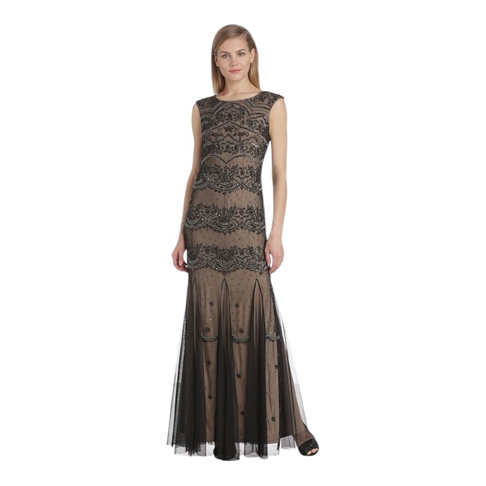 Adrianna Papell Beaded Black Nude Illusion Gown Maxi Formal Dress Sleeveless